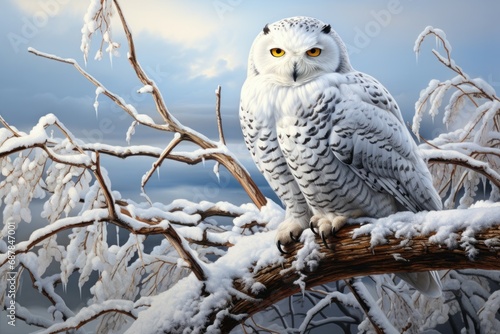 Snowy owl perched on branch, piercing gaze, white feathers blending with wintry background. © Manyapha