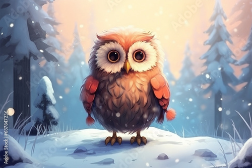 Cute little owl in the snow illustration photo