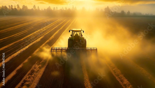 Rear view of a tractor with harrow is plowing a field for sowing seeds into purified soil at sunset or sunrise