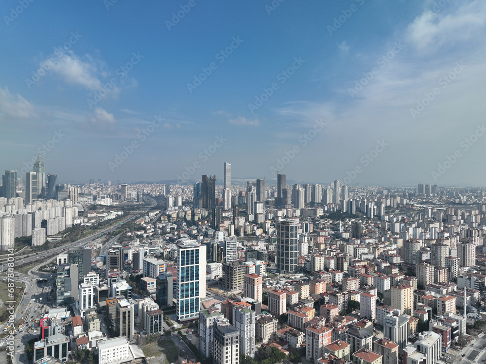 Cinematic aerial view of city skyline modern business financial skyscrapers building and shopping mall of Istanbul Turkey