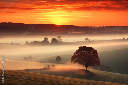 A misty sunrise over the countryside with a lonely tree