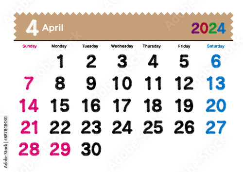 刺繍文字風の2024年4月のカレンダー 日曜始まり