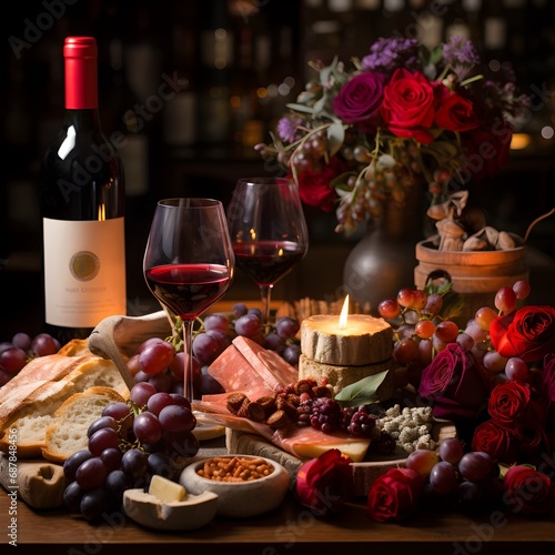 romantic ambiance of a Valentine's Day table decoration. Cheese, grapes, almond, red wine, candles as decor. Elegant wedding fall arrangement, beautiful setting for a romantic lunch.