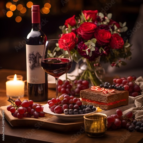 romantic ambiance of a Valentine's Day table decoration. Cheese, grapes, almond, red wine, candles as decor. Elegant wedding fall arrangement, beautiful setting for a romantic lunch.