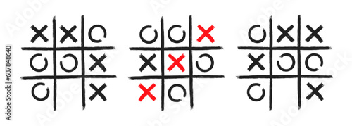 Tic tac toe xo game hand drawn grid doodle template vector illustration set isolated on white background