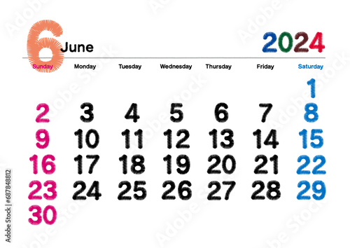 刺繍文字風の2024年6月のカレンダー 日曜始まり