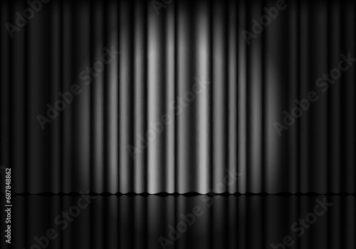 Black curtain background. Spotlight on stage curtain. Theatrical drapes. Wavy velvet background.