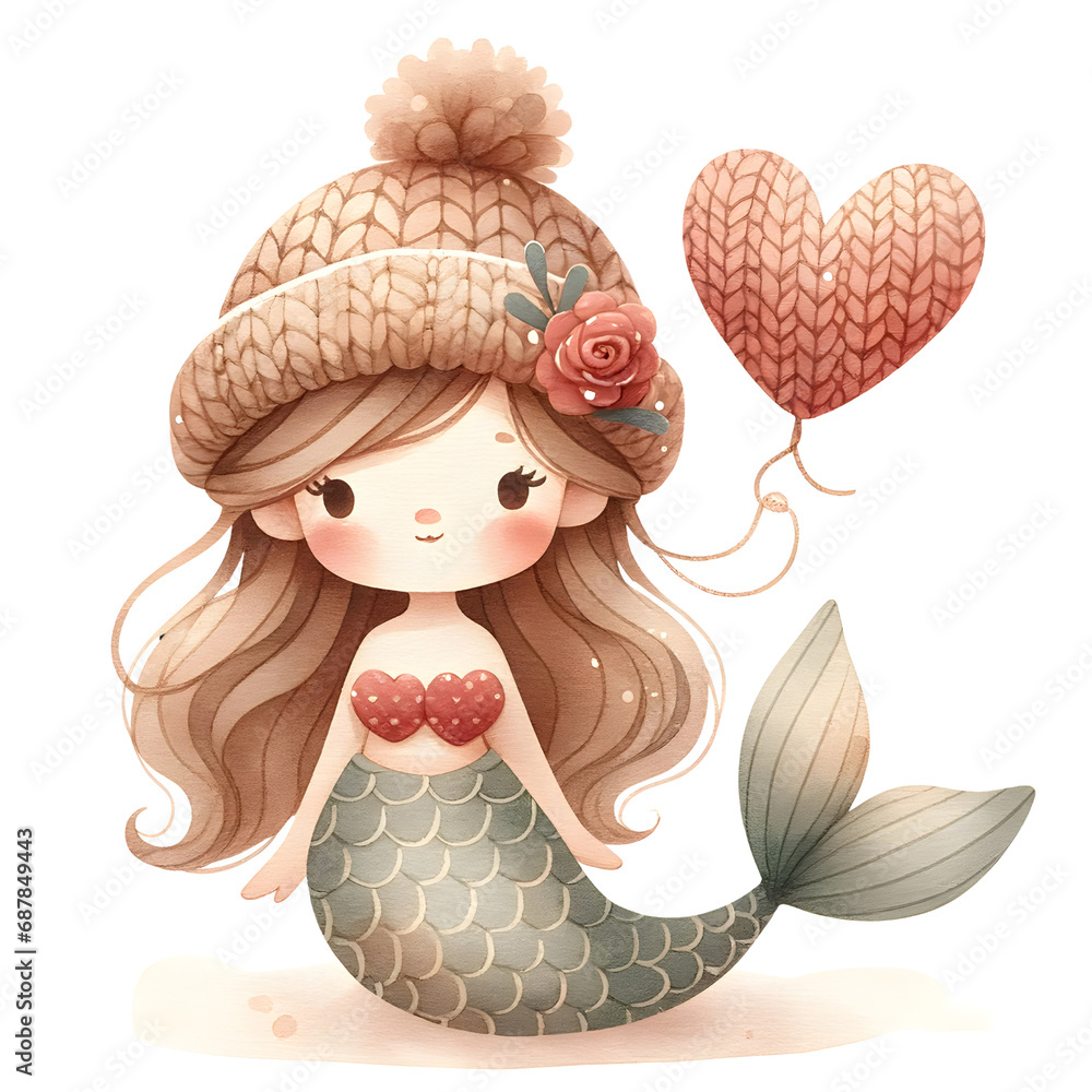 Cute Watercolor Mermaid in Retro Style for Valentines Day