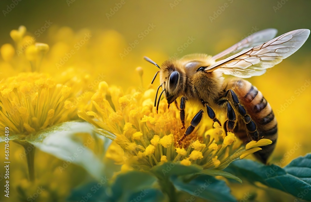 Extreme macro honey bee on a yellow flower collects pollen. Created with Generative Ai technology. Extreme macro honey bee on a yellow flower collects pollen. Created with Generative Ai technology.