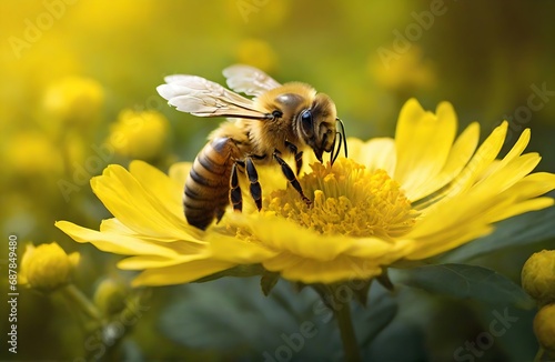 Extreme macro honey bee on a yellow flower collects pollen. Created with Generative Ai technology. © Amlumoss