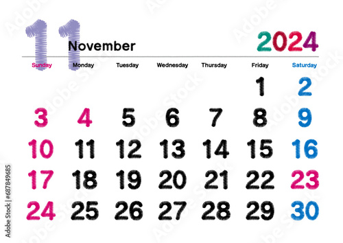 刺繍文字風の2024年11月のカレンダー 日曜始まり