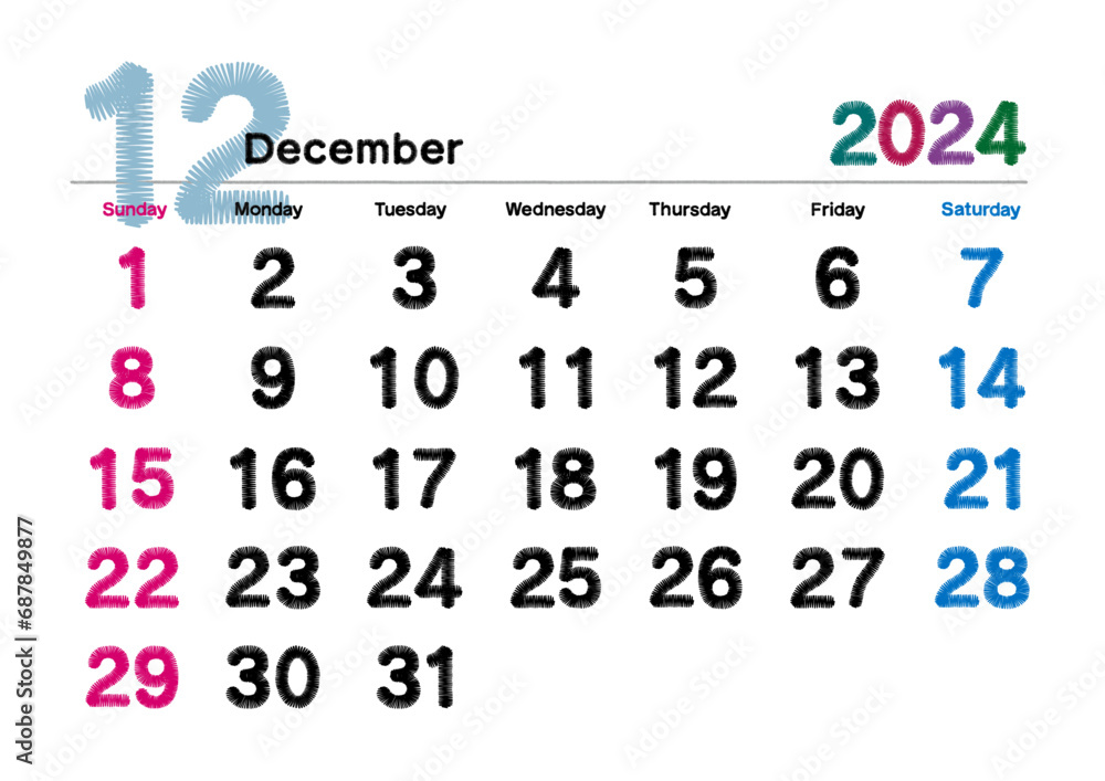 刺繍文字風の2024年12月のカレンダー 日曜始まり - obrazy, fototapety, plakaty 