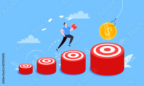 Businessman runs and jumps from small target goal to reach bigger target goal achievement flat style design vector illustration.