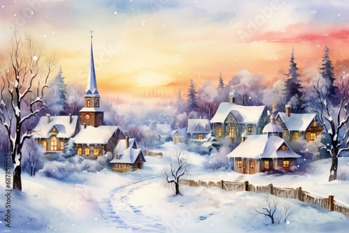 Winter village watercolor painting illustration made by generative ai