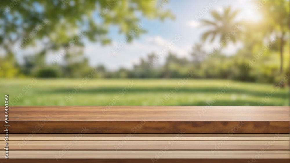 Front Perspective of Empty Wooden Countertop with Winter Mockup, Out-of-Focus Snowy Green Grass Background Front Perspective of Empty Wooden Countertop with Winter Mockup, Out-of-Focus Snowy Green Grass Background