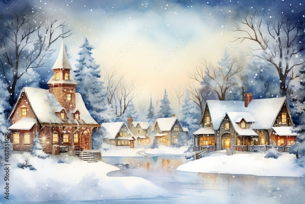 Winter village watercolor painting illustration made by generative ai Winter village watercolor painting illustration made by generative ai