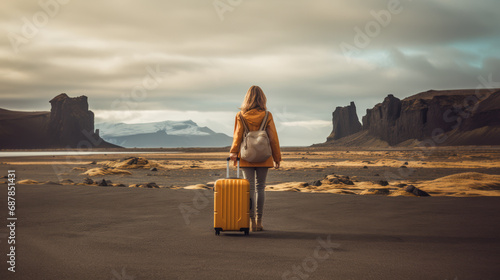 Solo traveler with suitcase facing majestic mountains on a cloudy day. Travel and adventure concept. Generative AI © ImageFlow