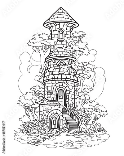 Fairytale castle in forest, black and white coloring, vector illustration