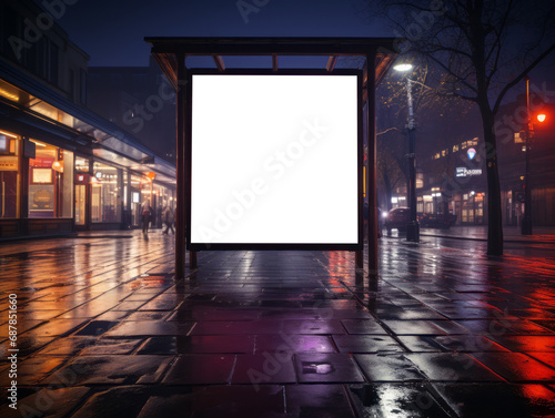 Outdoor bus stop at night with illuminated blank advertising billboard. Urban scene. Generative AI