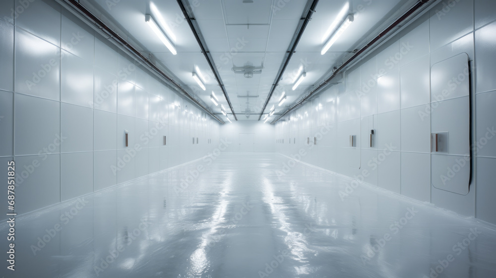 Clean industrial warehouse corridor with glossy white walls and bright fluorescent lighting. Modern design concept. Generative AI