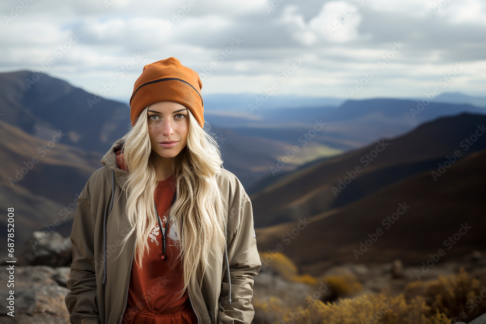 A girl on the background of mountains. Portrait of a dazzlingly beautiful blonde traveling alone. Mountaineering and hiking