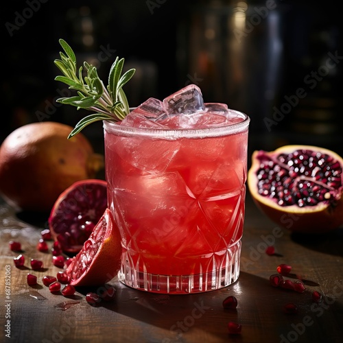 AI illustration of a Pomegranate and Sage Paloma cocktail served in a short glass. photo