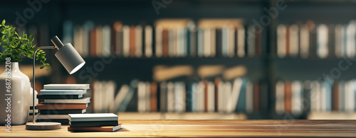 Modern desk setup with lamp and books against a blurred library backdrop. Education and reading concept. 3D Rendering photo