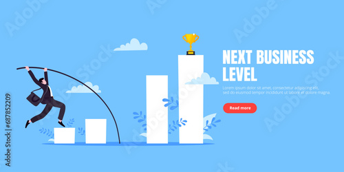 Businessman jumps pole vault over graph bars flat style design vector illustration.
