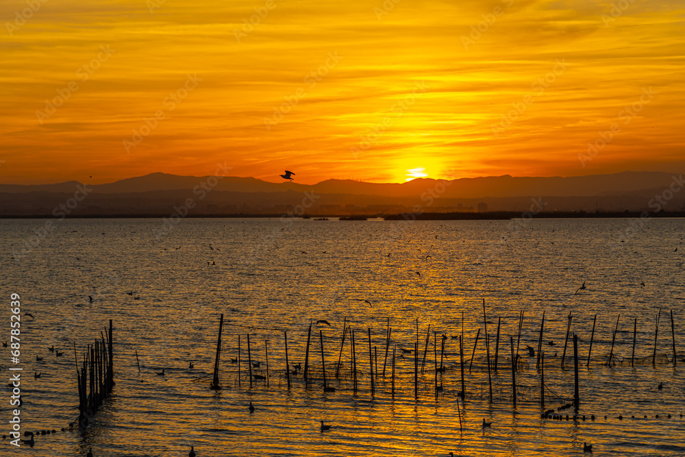 A lake with fish nets and sunny path against the backdrop of an orange sunset