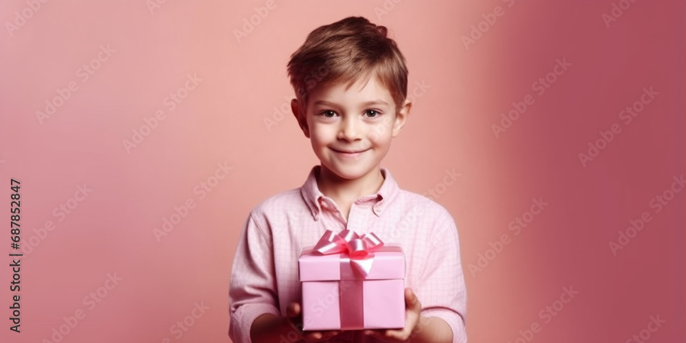 A little boy happily surprised holding a gift in his hands with a pink background A little boy happily surprised holding a gift in his hands with a pink background