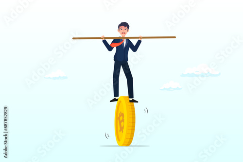 Businessman investor balancing as acrobat on giant bitcoin, crypto investment risk, balance between risk and return, cryptocurrency challenge to overcome volatility and make profit (Vector)