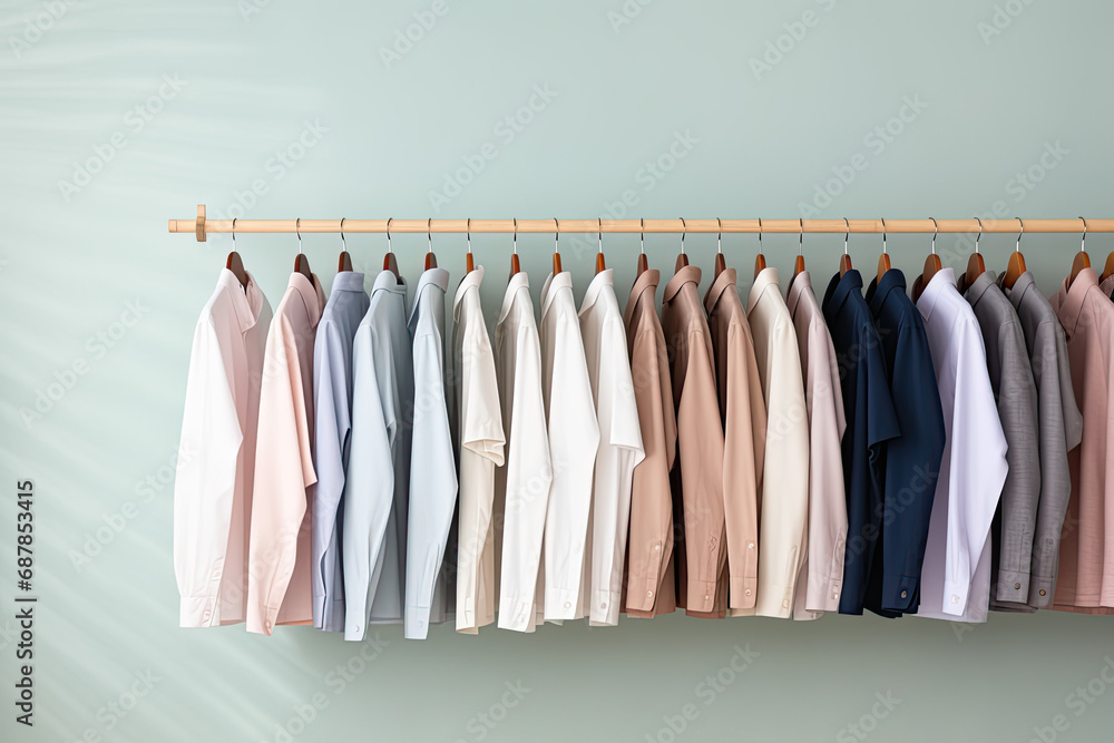 Rack with clean shirts near light wall. Copy space for text