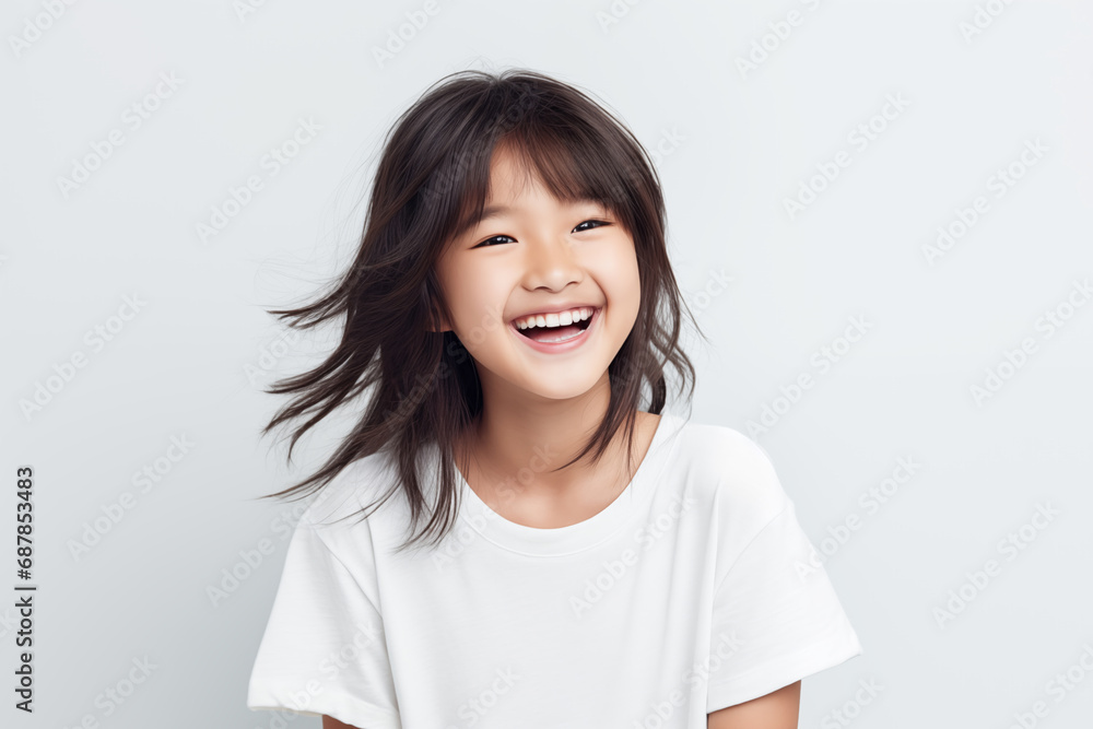 Little laughing Asian girl on a white background. Little laughing Asian girl on a white background.