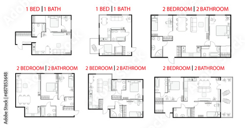 Plan floor apartments set. Studio, condominium, flat, house. One, two bedroom apartment. Interior design elements bedroom, bathroom with symbols furniture. Vector architecture 2D floor plan.