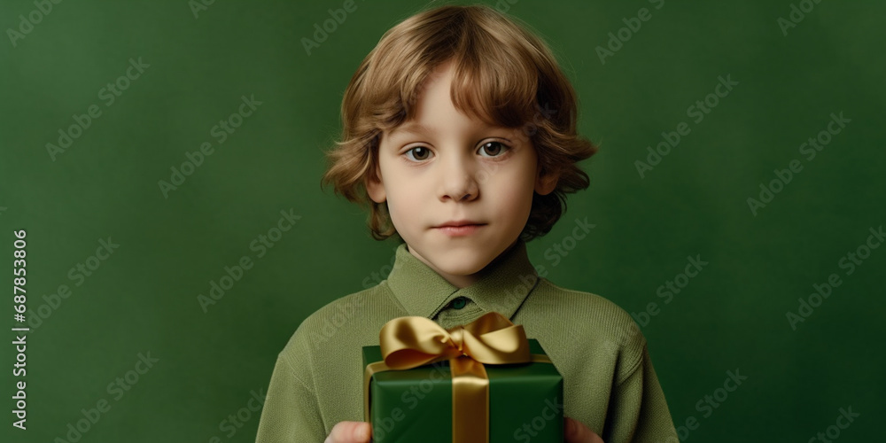 A little boy happily surprised holding a gift in his hands with a green background A little boy happily surprised holding a gift in his hands with a green background