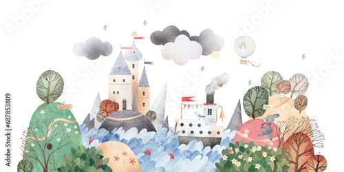 Fantastic landscape with sea, cute hills, mountains, beautiful old castle, big trees and animals. Watercolor illustration. photo