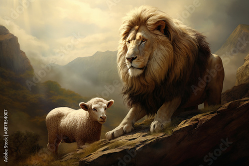 Biblical Harmony: Lion and Lamb Parable Depicting Divine Unity