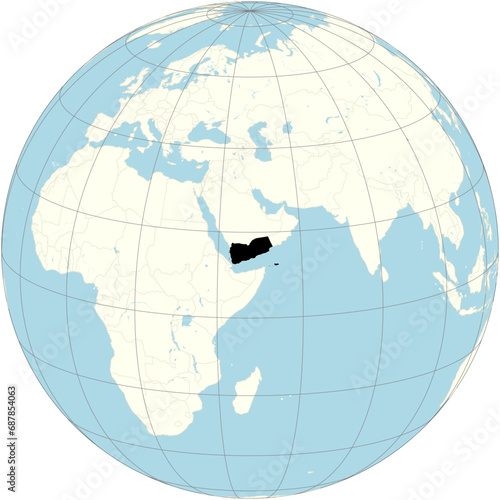 The orthographic projection of the world map with Yemen at its center. A Country in the Middle East (West Asia)
