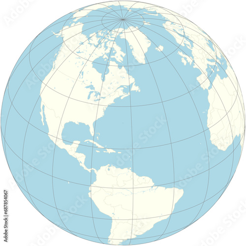 The orthographic projection of the world map with Bermuda at its center. A British island territory in the North Atlantic Ocean