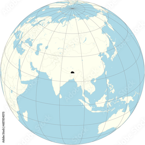 The orthographic projection of the world map with Bhutan at its center. A landlocked country of south Asia