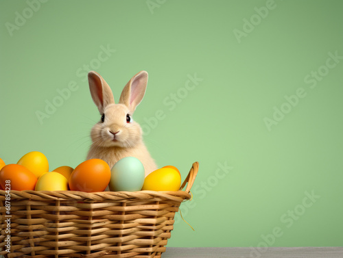 cute easter landscape with bunny and colored eggs in basket
