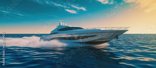 Catamaran motor yacht on the high seas in the hot, bright, blue sun