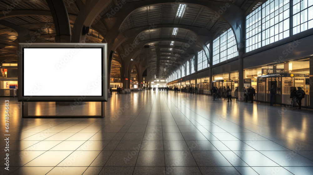 Spacious train station interior with large advertising mockup. Urban transportation and advertisement concept. Generative AI