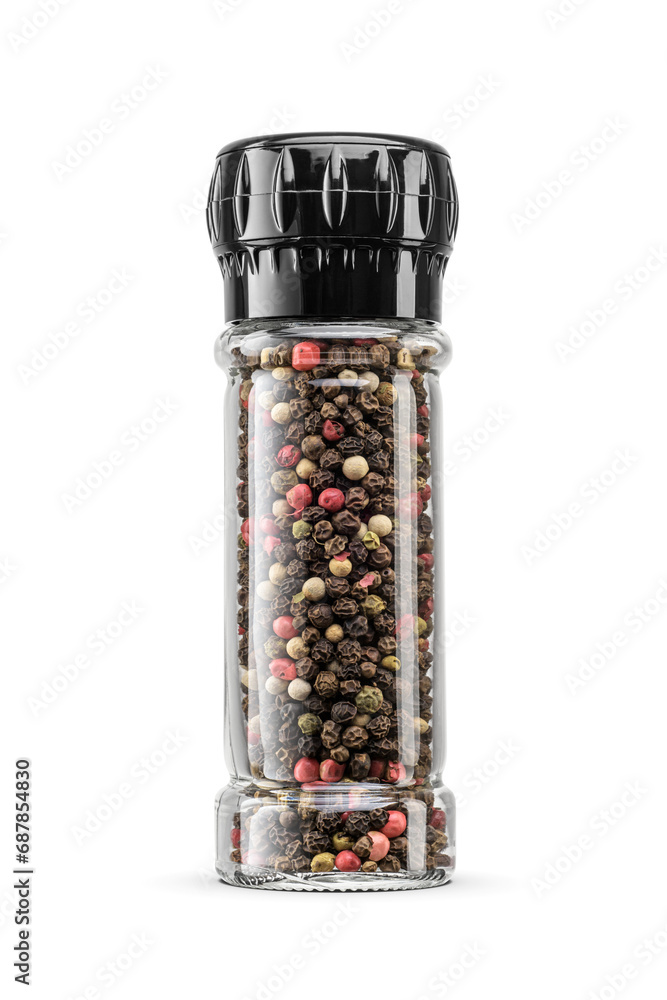 Mix of different types peppercorns in transparent mill grinder isolated. Transparent PNG image. - obrazy, fototapety, plakaty 
