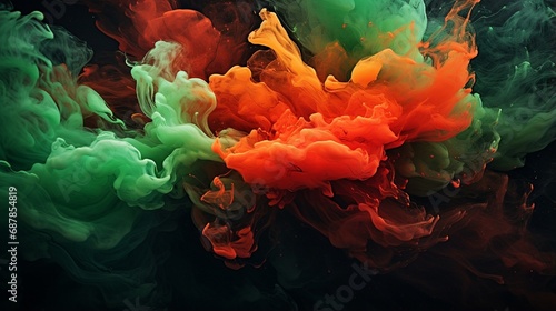 Red and green complementary colors in clouds. Colorful ink and paint swirling underwater on dark background. © Faisal Ai