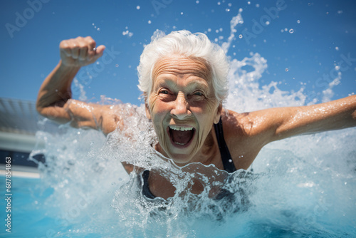 Active Aging: Elderly Woman Engaging in Invigorating Water Aerobics © Cyprien Fonseca