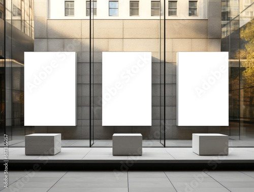 Trio of blank billboards against a modern office building backdrop. Corporate marketing concept. Generative AI