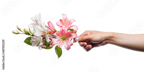 Hands holding a beautiful flower bouquet isolated on transparent background. Flower delivery, romantic gift and greeting card concept