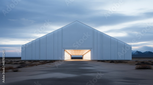 Modernist white building with illuminated entrance at sunset. Contemporary architecture and design concept Generative AI