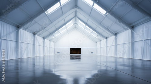 Modern warehouse with an angular roof design and white draping cloth. Architectural purity concept. Generative AI photo